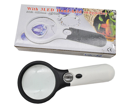 Лупа 70мм. DA-88 с подсветкой, черно-белая пластиковая оправа с держателем, в к/кор №6902AB (1/100)