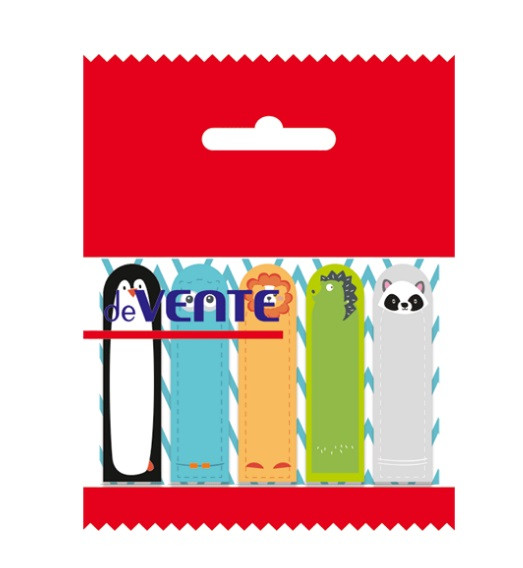 Набор самоклеящихся этикеток-закладок "deVENTE. Зоопарк" бумажные 44x12 мм, 5x20 листов, офсет 80 г/м², 5 дизайнов, в пластиковом пакете с европодвесом