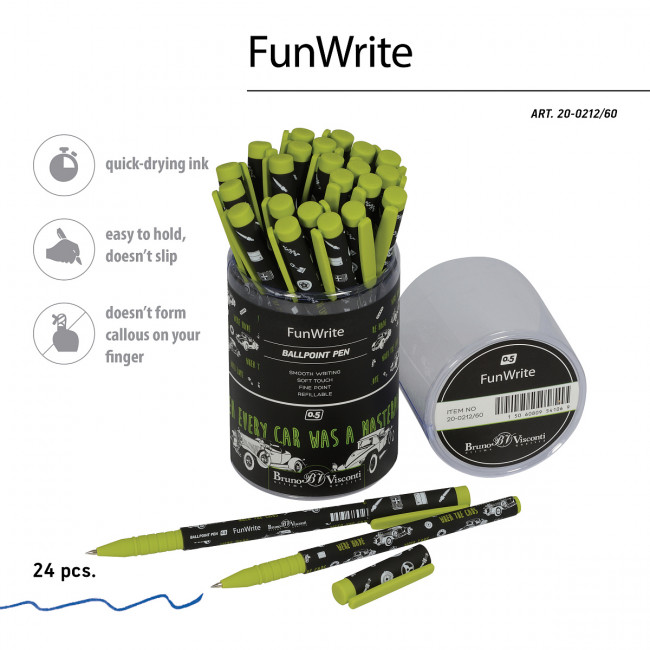 Ручка шариковая 0,5мм синяя "FunWrite. Машины. Цвет салатовый", BV 20-0212/60 (24)