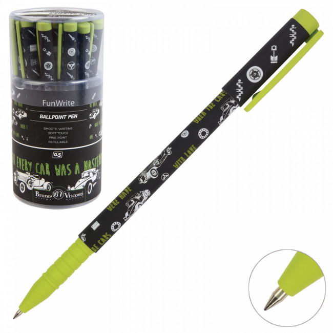 Ручка шариковая 0,5мм синяя "FunWrite. Машины. Цвет салатовый", BV 20-0212/60 (24)