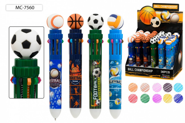 Авторучка 0,5мм 10-ти цветная, детская; "СПОРТ", клип в форме мяча, Basir/МС-7560 (36)