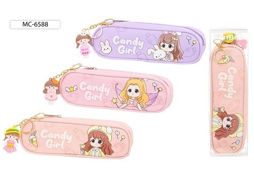 Пенал+брелок: "ДЕВОЧКА"; материал-плотная ткань, два кармана на молнии, цветной с рисунком /ассорти/, брелок-девочка, размер 23*7,5*6 см, в пластиковой упаковке с европодвесом.