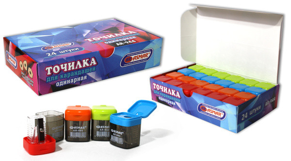 Точилка 25мм*34мм одинарная с контейнером и с крышкой, ассорти, Asmar/AR-944 (24) Точилка 25мм*34мм одинарная с контейнером и с крышкой, ассорти, Asmar/AR-944 (24)