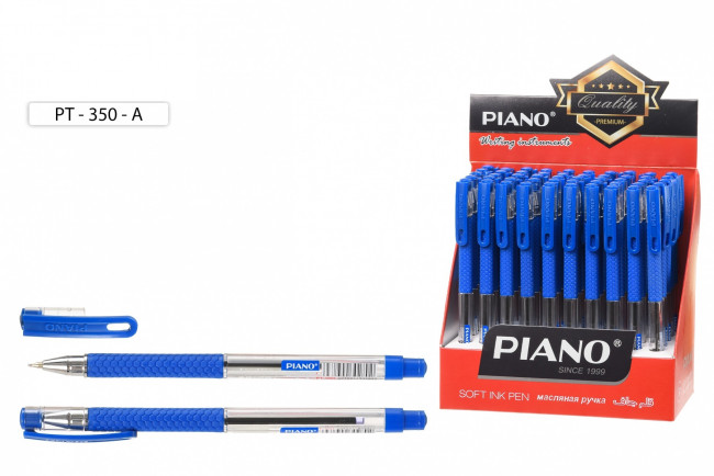 Ручка шариковая: на масляной основе: "Piano";  пластиковый прозрачный корпус, резиновый держатель, прозрачный колпачок с цветным клипом, цвет чернил синий, 0,7 mm.
