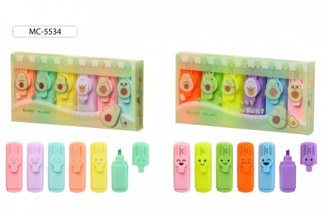 Набор текстмаркеров: "АВОКАДО"; mini /6*2 см/; цвета-флуоресцентные и пастель, цветной корпус, колпачок с клипом, пластиковая упаковка с рисунком авокадо с европодвесом, 6 цветов.