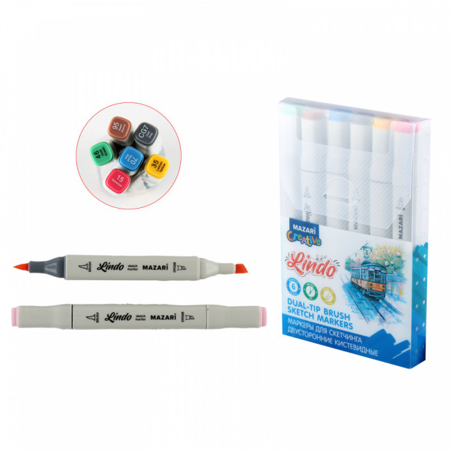 Набор маркеров для скетчинга двусторонних LINDO,6цв., Main colors . 1.0-6.2мм (M-15104- 6)