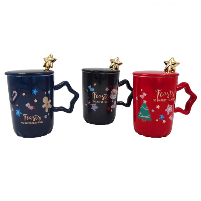 Чашка 400mL керамическая "Новогодняя" с ложкой и крышкой, MAYLOTT/CY8281