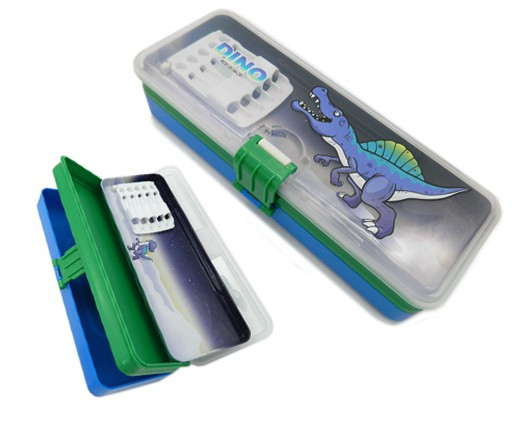 Пенал   CO-50 "Дино" пластиковый, короб, 3 отделения, на защелке, прозрачная крышка, в ПВХ-пакете №35162-27 (1/1/96)