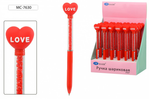 Ручка шариковая синяя "Сердечко LOVE" с поворотным механизмом, прозрачная часть корпуса с наполнителем-стразы, Basir/МС-7630 (24)