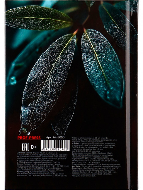 Записная книжка А6 64л клетка "Листья-1", 7БЦ, склейка, Проф-Пресс/64-9090 (40)