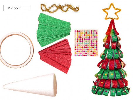 Набор для творчества ЁЛОЧКА из лент (в наборе: конус-основа 25 см, двусторонняя клейкая лента, стразы, ленты, синельная проволока), Mazari Набор для творчества ЁЛОЧКА из лент (в наборе: конус-основа 25 см, двусторонняя клейкая лента, стразы, ленты, синельная проволока), Mazari