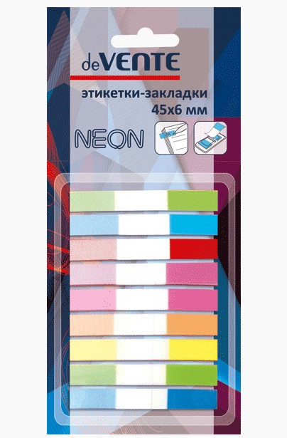 Набор самоклеящихся этикеток-закладок "deVENTE" пластиковые полупрозрачные, в диспенсере Z-сложение, 45x6 мм, 9x10 листов, 9 неоновых цветов, в картонном блистере, клейкая основа у обратной стороны диспенсера