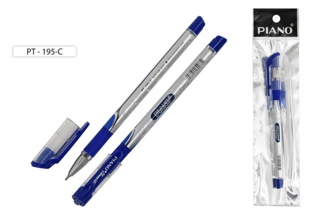 Ручка шариковая: на масляной основе: "Piano Classic",в индивидуальной упаковке с европодвесом, пластиковый корпус с рисунком, резиновый держатель, прозрачный колпачок с цветным клипом, игольчатый наконечник, цвет чернил-синий.,0,5mm.