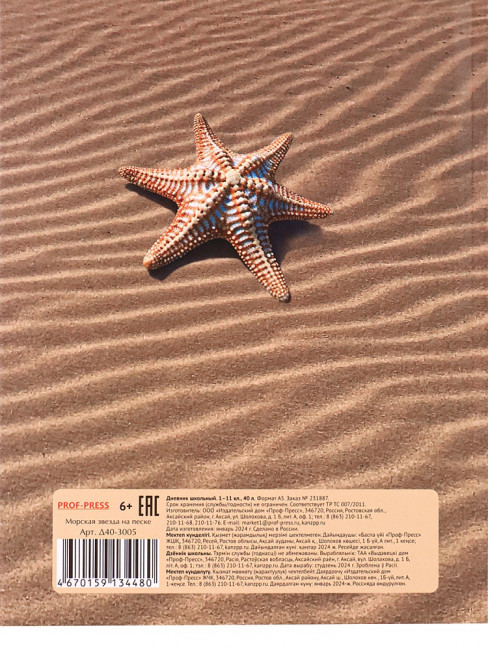 Дневник А5 40л 1-11 класс "Морская звезда на песке", склейка, Проф-Пресс/Д40-3005 (24)