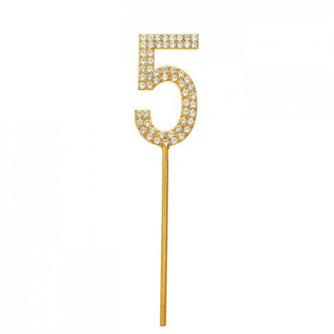 Топпер 10см цифра 5 со стразами, золото, Микрос