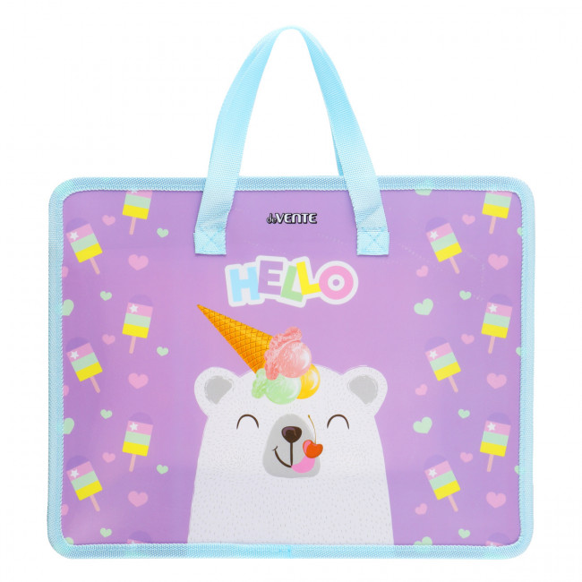 Папка для тетрадей, ИЗО и технологии "Hello Bear" A4 (33,5x26x10 см) с текстильным расширением 10 см, на молнии сверху, пластик 400 мкм,  deVENTE