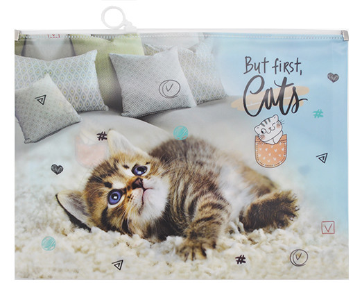 Папка на молнии А-4  CZ-217 "Котик на пледе" 32.5х24.5см, пластик с рисунком (12/720)