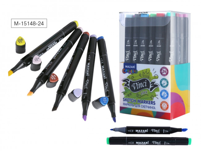 Набор маркеров для скетчинга двусторонние VINCI BLACK, 24цв., Main colors (основные цвета), корпус трехгранный, пулевид./клиновид.наконечники, пиш.узлы 1.0-6.2мм, ПВХ- упаковка