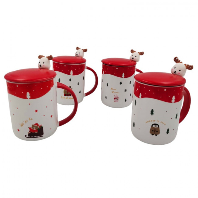 Чашка 450mL керамическая "Новогодняя" с ложкой и крышкой, MAYLOTT/XS-8152-2
