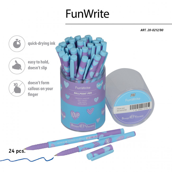Ручка шариковая 0,5мм синяя "FunWrite. Сердечки - Голубое небо", BV/20-0212/90 (24)