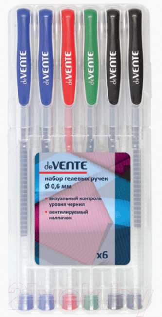 Набор ручек гелевых "deVENTE. Cosmo Fluo" 06 флуоресцентных неоновых цветов, d=0,8 мм, прозрачный корпус с металлическим наконечником, сменный стержень, в пластиковой коробке с подвесом
