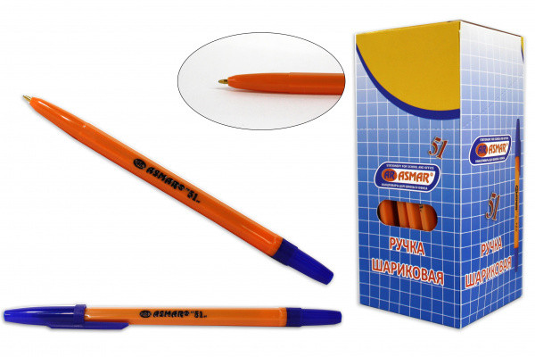 Ручка шариковая синяя, 1,0мм оранжевый корпус, AR-51 Asmar (50)