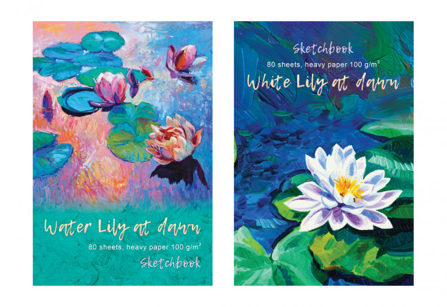 Скетчбук А5 переплёт твёрдый 80л. "Water lily" ламинация матовая выборочный лак (ассорти) белый блок BG (10/20)