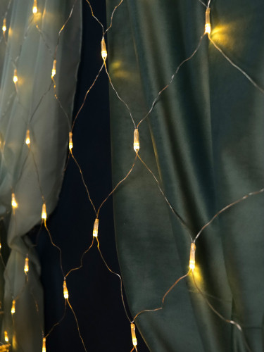 Новогоднее украшение Гирлянда. Сетка 1,5х1,5 м, прозрачная нить, 120 теплых белых ламп, 8 режимов. Для использования в доме НУ-3655