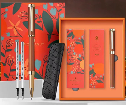 Ручка в футляре  TJ-80 Montagut (син) 0.5мм, роллер, Коричневая с золотом, металлический корпус, 2 сменных стержня в к/кор M702-2 (1/20)