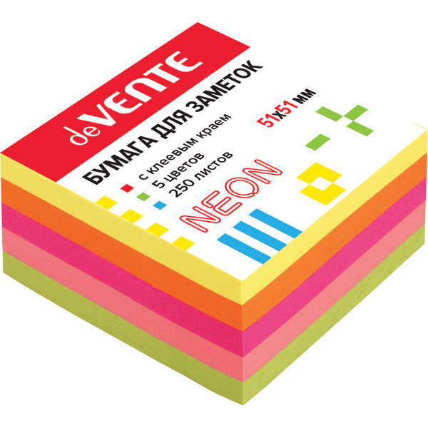 Клейкая бумага для заметок 51x51 мм 250 л, офсет 75 г/м², неонова, deVENTE/2010335 (12)