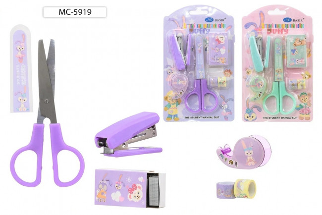 Набор подарочный канцелярский: детский "ЗАЯЦ И ДРУЗЬЯ"; ножницы, степлер, скобы, яркий цветной скотч, диспенсер, яркая упаковка-блистер на подложке с европодвесом /18*11 см/.
