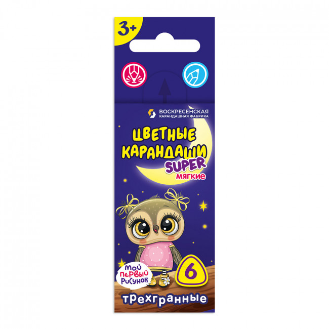 Набор цветных карандашей, короткие "Совенок" заточенный 6цв, Super  ВКФ/SCP-3006