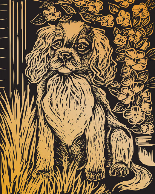 Гравюра 20 x 25.5см "Спаниель" (золото), Hobbius/GHK №07