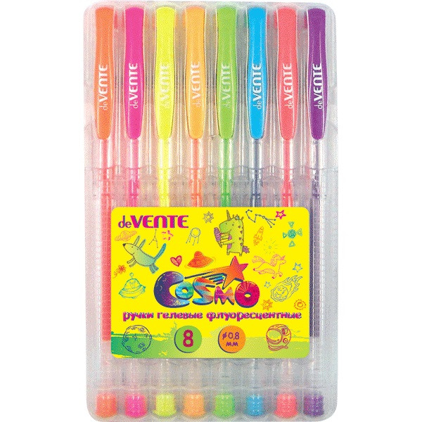Набор ручек гелевых "deVENTE. Cosmo Fluo" 08 флуоресцентных неоновых цветов, d=0,8 мм, прозрачный корпус с металлическим наконечником, сменный стержень, в пластиковой коробке с подвесом