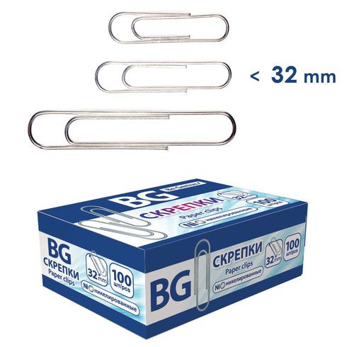 Скрепки 32 мм, 100 шт., никелированные, картонная коробка, 10/500 шт. в упак.
