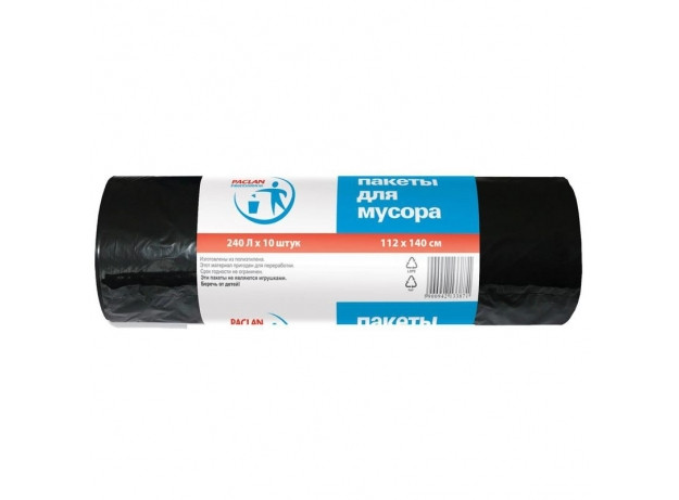 Мешки для мусора 240 л, черные, в рулоне 10 шт., ПВД, 30 мкм, 112х140 см, PACLAN Professional