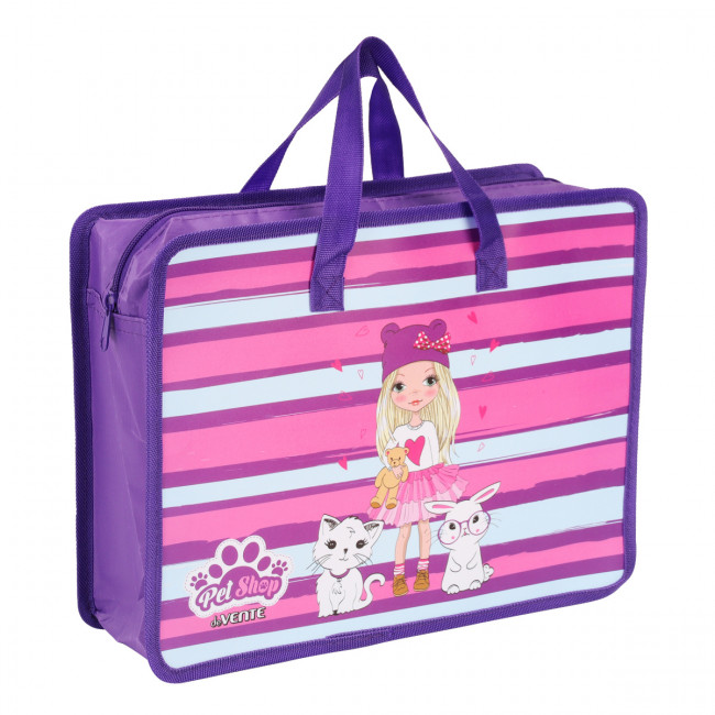 Папка для тетрадей, ИЗО и технологии "Pet Shop" A4 (33,5x26x10 см) с текстильным расширением 10 см, на молнии сверху, пластик 400 мкм, deVENTE