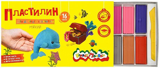 Пластилин 16 цв. 240 г ПКМ16-П ассорти со стеком, Каляка-Маляка (10)