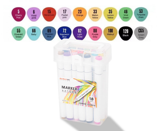 Скетч-маркер 18цв. двухсторонние, пулевидный и скошенный наконечник, ZUIXUA/ZX602-18