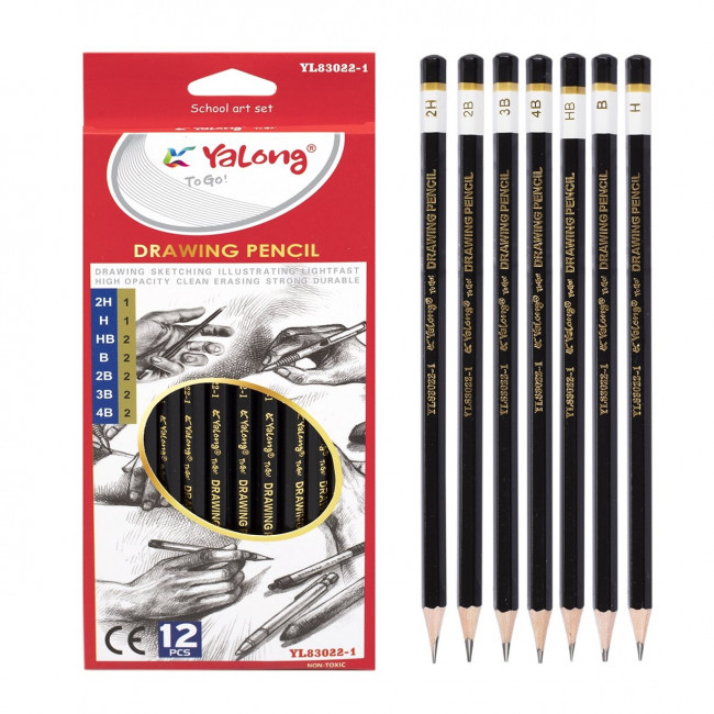 Набор чернографитных карандашей 12 шт. 2H-4B, Yalong/YL83022-1