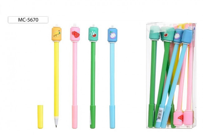 Шариковая ручка: детская; "ФРУКТОВЫЙ КОКТЕЙЛЬ"; яркий, цветной  корпус /ассорти/, съёмный прорезиненный наконечник, в пластиковой упаковке, цвет чернил-синий.