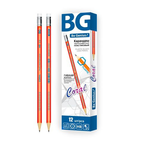 Карандаш чернографитный "CORAL", шестигранный, пластиковый, с ластиком, HB, 2.2 мм,BG (12/144)