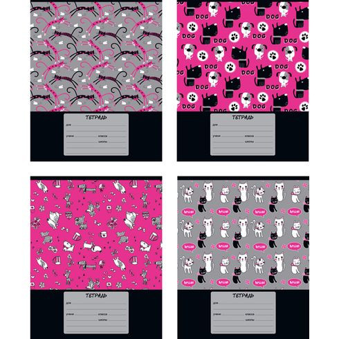 Тетрадь школьная А5 скоба 12л. клетка "Dog&cat pattern" (ассорти)(20/240)