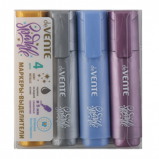 Набор маркеров-выделителей "deVENTE. Sparkle" (04 цв. - розово-лиловый, синий, серебро, золото) цвета METALLIC с БЛЁСТКАМИ, плоский корпус, скошенный наконечник, ширина линии 1-5 мм, в пластиковом блистере