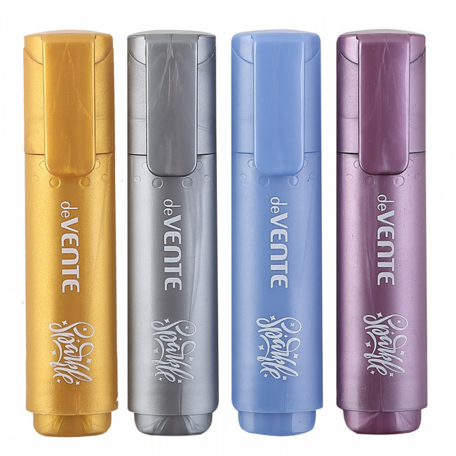 Набор маркеров-выделителей "deVENTE. Sparkle" (04 цв. - розово-лиловый, синий, серебро, золото) цвета METALLIC с БЛЁСТКАМИ, плоский корпус, скошенный наконечник, ширина линии 1-5 мм, в пластиковом блистере