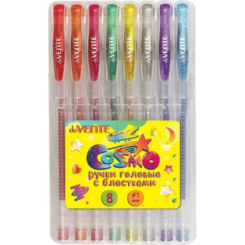 Набор ручек гелевых "deVENTE. Cosmo Glitter" 08 цветов с блестками, d=1 мм, прозрачный корпус с металлическим наконечником, сменный стержень, в пластиковой коробке с подвесом