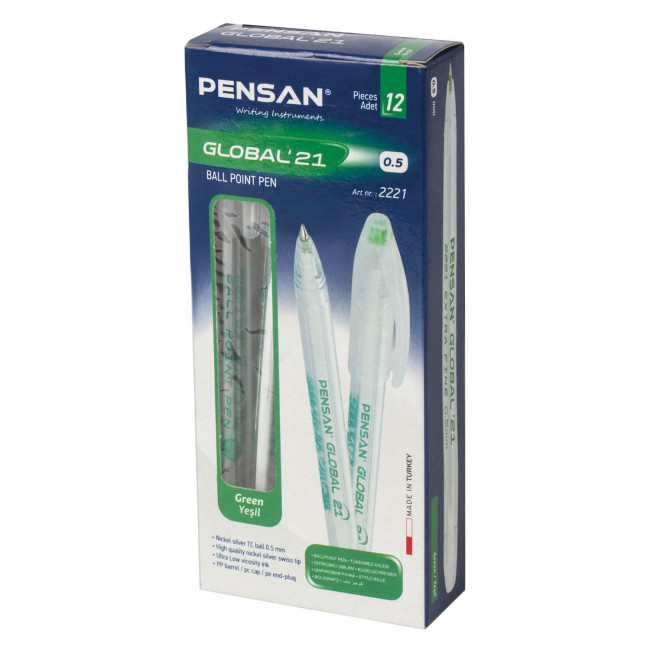 Ручка шариковая зеленая 0,5мм "GLOBAL", на масляной основе, PENSAN/2221к (12) Ручка шариковая зеленая 0,5мм "GLOBAL", на масляной основе, PENSAN/2221к (12)