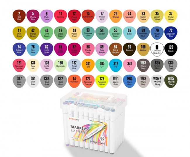 Скетч-маркер 60цв. двухсторонние, пулевидный и скошенный наконечник, ZUIXUA/ZX602-60