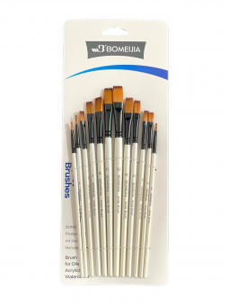 Кисти набор 12 шт. синтетика, плоские (№1,2,3,4,5,6,7,8,9,10,11,12) белая ручка, Bomeija/A7001F