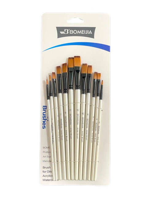 Кисти набор 12 шт. синтетика, плоские (№1,2,3,4,5,6,7,8,9,10,11,12) белая ручка, Bomeija/A7001F Кисти набор 12 шт. синтетика, плоские (№1,2,3,4,5,6,7,8,9,10,11,12) белая ручка, Bomeija/A7001F